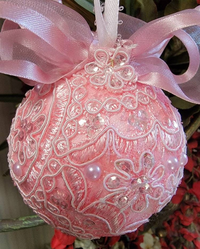 CHRISTMAS Decorative Ornament Medium 3 Pink/Vintage/Sequins/Sparkle image 1