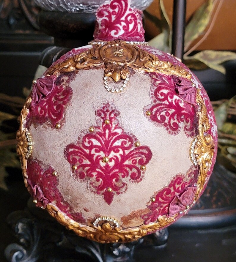 CHRISTMAS Decorative Ornament Large Oval Vintage Victorian Glitter Drk Burgandy Decoupage Gold Trim 7 High 7 Wide image 4