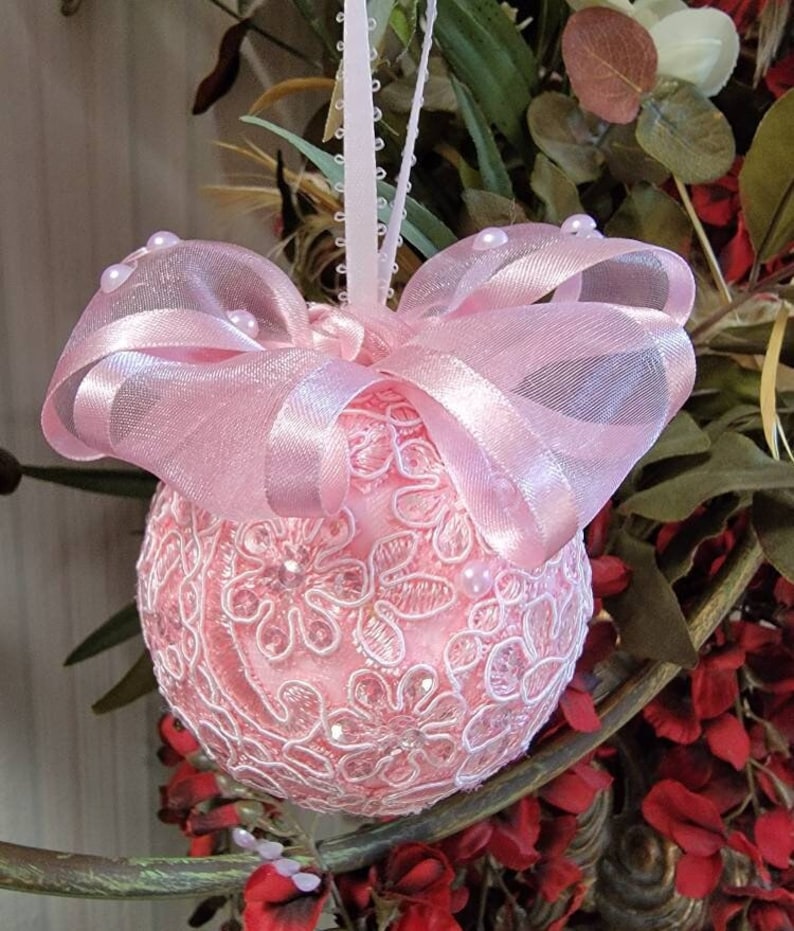 CHRISTMAS Decorative Ornament Medium 3 Pink/Vintage/Sequins/Sparkle image 4