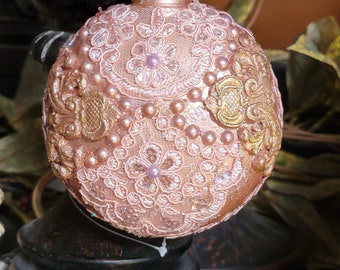 CHRISTMAS Decorative Ornament - Large Oval - Rose Gold Glitter - Rose Gold Sequins-Roping-Beading Glitter - 5" High 2.5 Wide