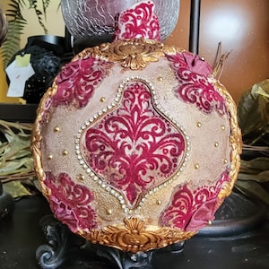 CHRISTMAS Decorative Ornament Large Oval Vintage Victorian Glitter Drk Burgandy Decoupage Gold Trim 7 High 7 Wide image 1