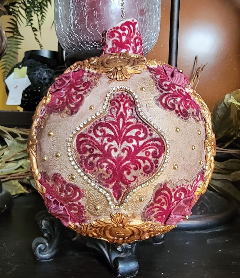 CHRISTMAS Decorative Ornament Large Oval Vintage Victorian Glitter Drk Burgandy Decoupage Gold Trim 7 High 7 Wide image 1