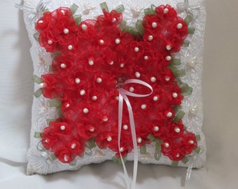 NEW - Ring Bearer Pillow for Christmas/RED Wedding - Handmade Flowers
