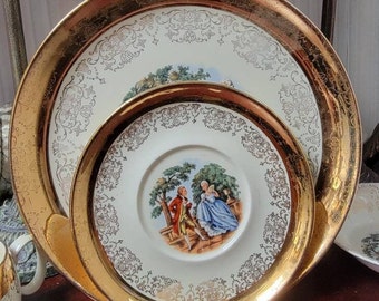 Vintage "George & Martha" Sabin Crest-O-Gold -Gold Warranted 22k Courting Couple Dinner Plate - Tea Cup and Saucer