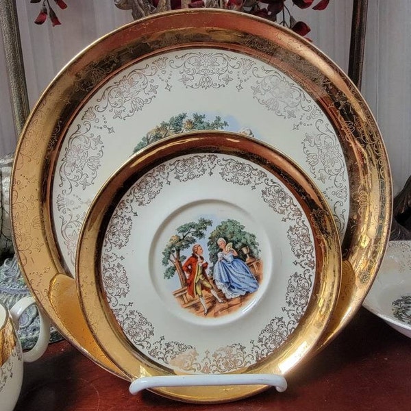 Vintage "George & Martha" Sabin Crest-O-Gold -Gold Warranted 22k Courting Couple Dinner Plate - Tea Cup and Saucer