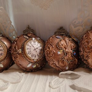 CHRISTMAS Decorative Ornament - Medium Half Oval - Rose Gold Watch Faces - Glitter - Rhinestone - Decoupage Gold Trim -  4&quot; Wide 3.5 High