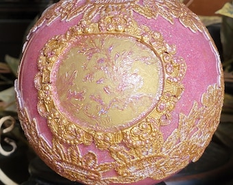 CHRISTMAS Decorative Ornament - X-Large Oval - Pink Gold Glitter Ornament - Gold with Pink Glitter Decoupage Gold Trim -  5" round