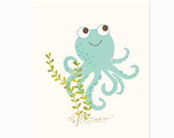 octopus wall art, ocean art for kids, nursery bathroom wall decor for children, under the sea art