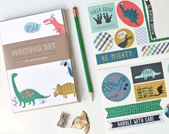 kids stationery, dino, kids writing, pen pal, notepad set, dinosaur stickers