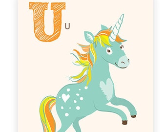 ABC card, U is for Unicorn, ABC wall art, alphabet flash cards, nursery wall decor for kids