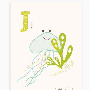 ABC arte de la pared, tarjeta ABC, J es para, medusas, tarjetas flash del alfabeto, decoración de la pared de la guardería para los niños