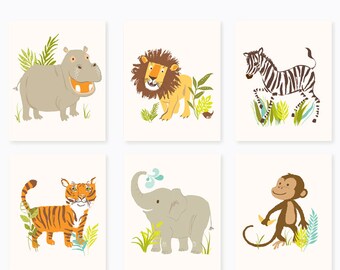 Safari art for kids, kids wall art, nursery wall decor, hippo, lion, zebra, tiger, monkey, elephant