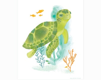 Turtle wall art, ocean art for kids, nursery wall decor for children, watercolor