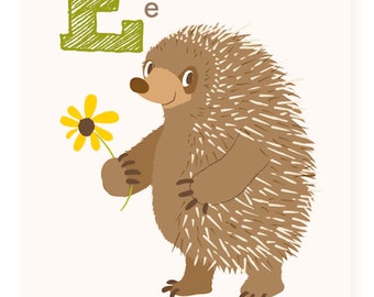 E is for Echidna,  ABC wall art, alphabet flash cards, Australia, nursery wall decor for kids