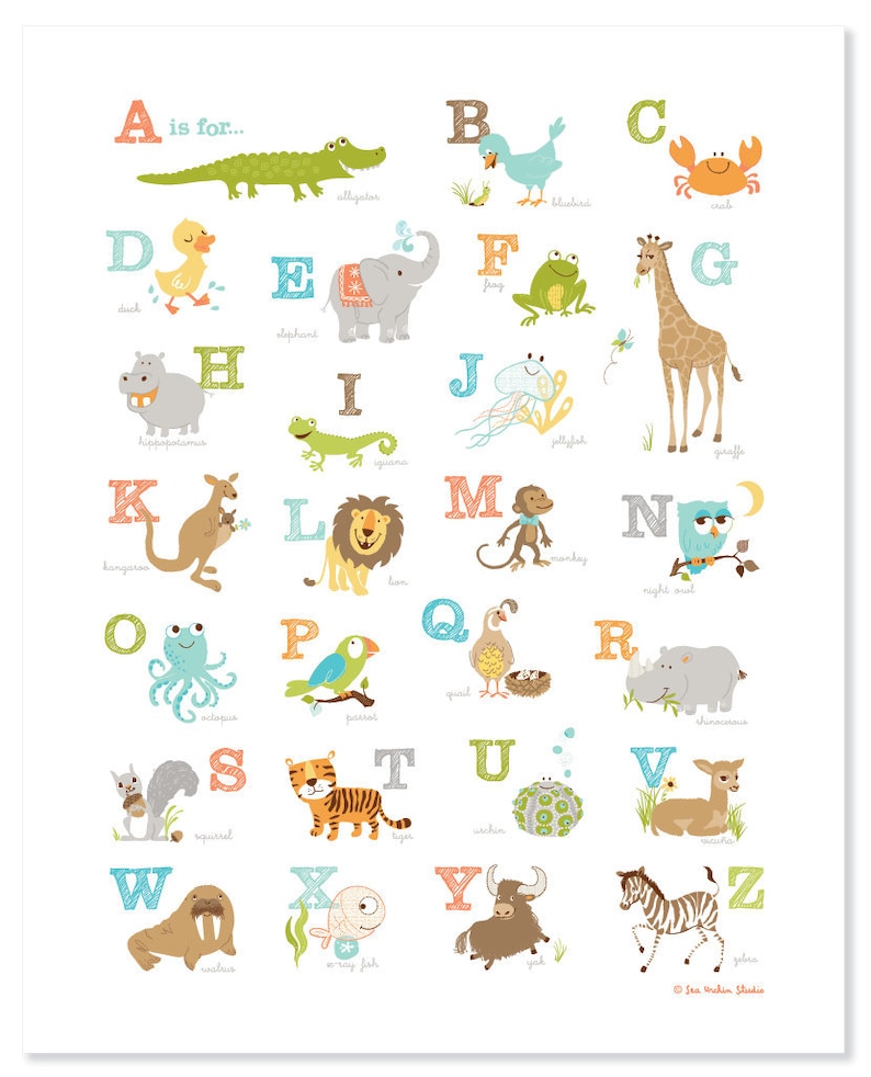 Cartel del alfabeto del animal, regalo de la ducha del bebé, cartel del animal, BBCs, impresión de la habitación de los niños, impresión de la guardería, arte de la sala de juegos imagen 1