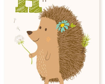 ABC card - H is for - Hedgehog, hippopotamus, hermit crab