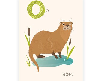 ABC wall art, ABC card, O is for, Otter,alphabet flash cards, nursery wall decor for kids