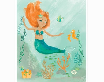 Mermaid wall art - nursery wall decor for girls, kids room art, bathroom art, watercolor