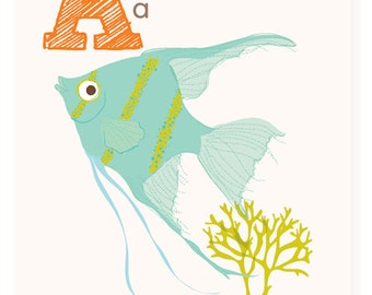 ABC card, A is for Angelfish, ocean, ABC wall art, alphabet flash cards, nursery wall decor for kids