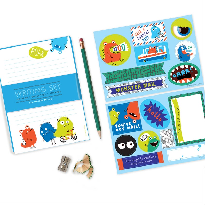 Monster StationerySet, monster writing set, stationery for boys, kids writing, pen pal set image 1