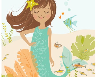 mermaid art, wall art for girls room, kids bathroom art, brown hair mermaid,