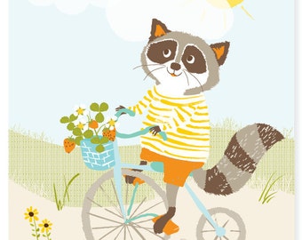 Raccoon wall art,  bicycle art for kids, nursery wall decor for children