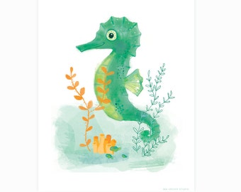 Seahorse wall art  - ocean wall art, nursery wall decor for kids, wall decor, Bathroom art, watercolor