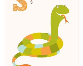 ABC card, S is for Snake, ABC wall art, alphabet flash cards, nursery wall decor for kids