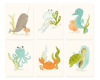 Ocean Wall Art Set | 6 prints | narwhal, jellyfish, seahorse, octopus, crab, turtle