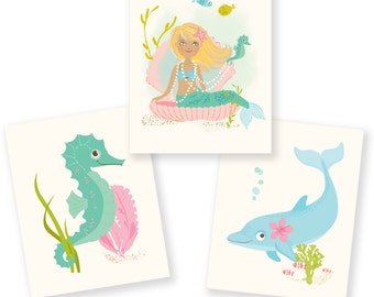 Ocean wall art for girls, Mermaid, Seahorse, Dolphin - nursery wall decor for children, kids bathroom art