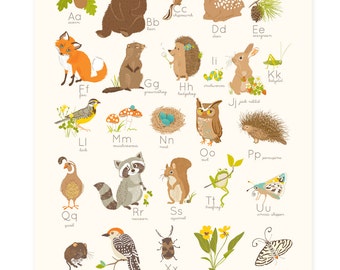 WOODLAND Wall Art, decoración de la pared de la guardería para los niños, alfabeto del bosque, abc, contando, 123- arte de la pared de la guardería para los niños