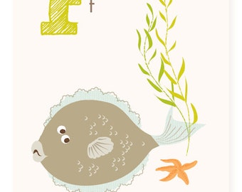 ABC wall art, ABC card, F is for Flounder, ABC wall decor, alphabet flash cards, nursery wall decor for kids and baby