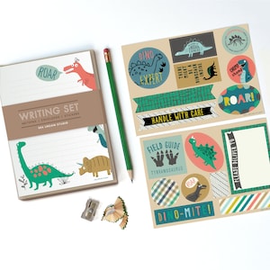 Dinosaur Stationery Set, kids stationery, kids writing, pen pal, notepad set, dinosaur stickers, learning to write image 1