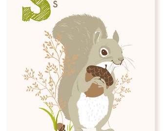 ABC card, S is for Squirrel, ABC wall art, alphabet flash cards, nursery wall decor for kids