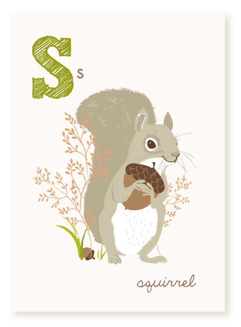 ABC card, S is for Squirrel, ABC wall art, alphabet flash cards, nursery wall decor for kids image 1