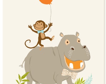 Monkey and Hippo (8x10) art print - nursery art for children