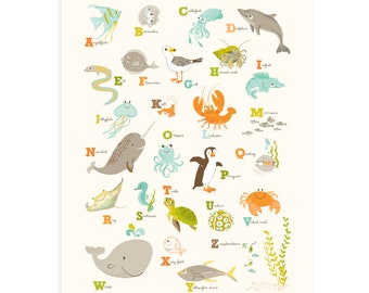 ARTE de la pared OCEAN, Marina ABC, arte de la pared del alfabeto del océano - decoración de la pared de la guardería para los niños y el bebé, arte del baño