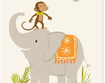 Monkey and Elephant wall art - safari art, savannah, nursery wall decor, art for kids, baby art