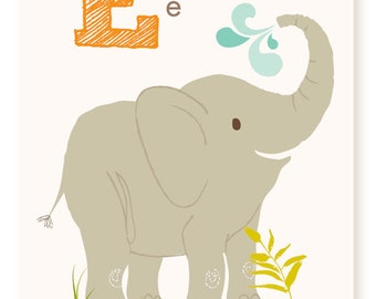 ABC card - E is for-  Elephant, echidna, eel, elk