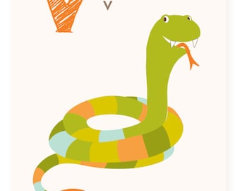 ABC card, V is for Viper, ABC wall art, alphabet flash cards, nursery wall decor for kids