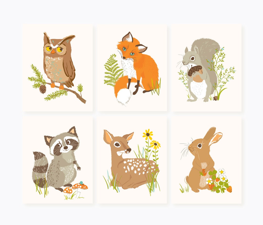 Forest Friends Wall Art Set 6 Prints Owl Fox Squirrel Etsy