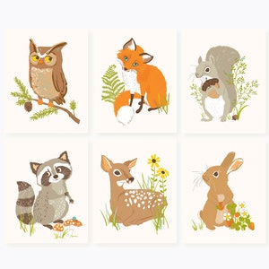 Forest Friends Wall Art Set | 6 Prints | owl, fox, squirrel, raccoon, deer, bunny