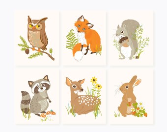 Forest Friends Wall Art Set | 6 Prints | owl, fox, squirrel, raccoon, deer, bunny