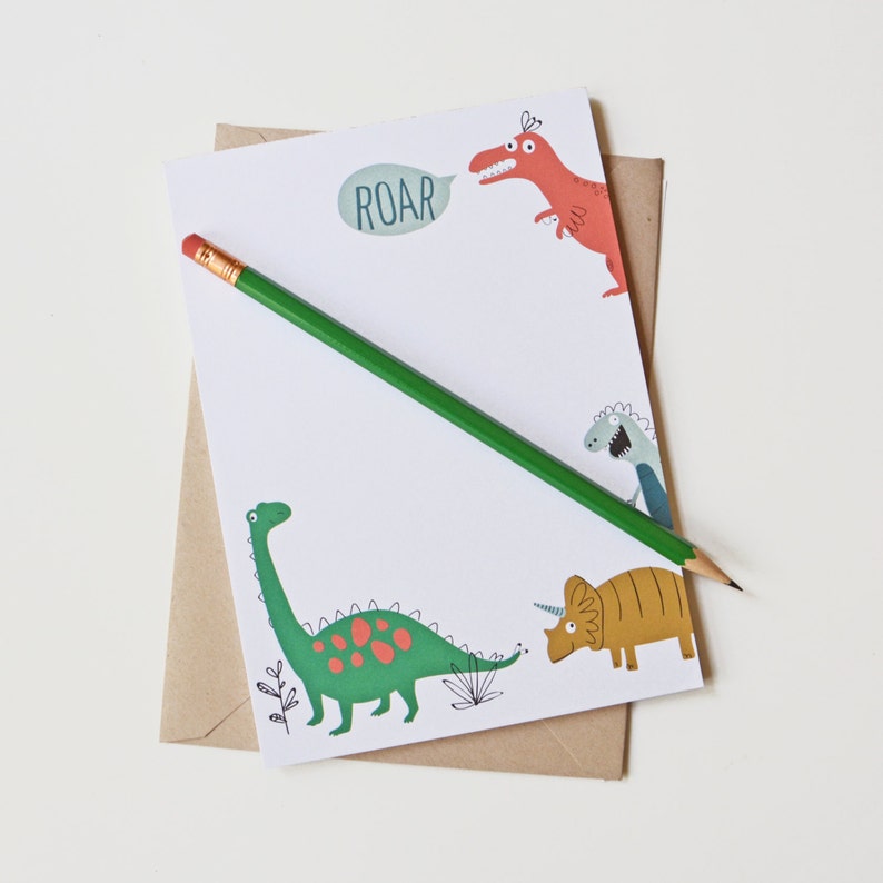 Dinosaur Stationery Set, kids stationery, kids writing, pen pal, notepad set, dinosaur stickers, learning to write image 2