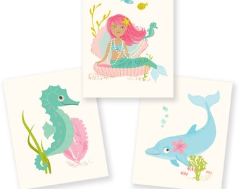 Ocean wall art for girls, Mermaid, Seahorse, Dolphin - nursery wall decor for children, kids bathroom art