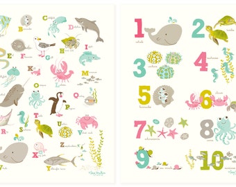 Ocean wall art for kids, alphabet, numbers - Nursery wall decor, ABC, 123