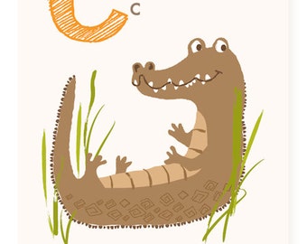 ABC card, C is for Crocodile, ABC wall art, alphabet flash cards, nursery wall decor for kids
