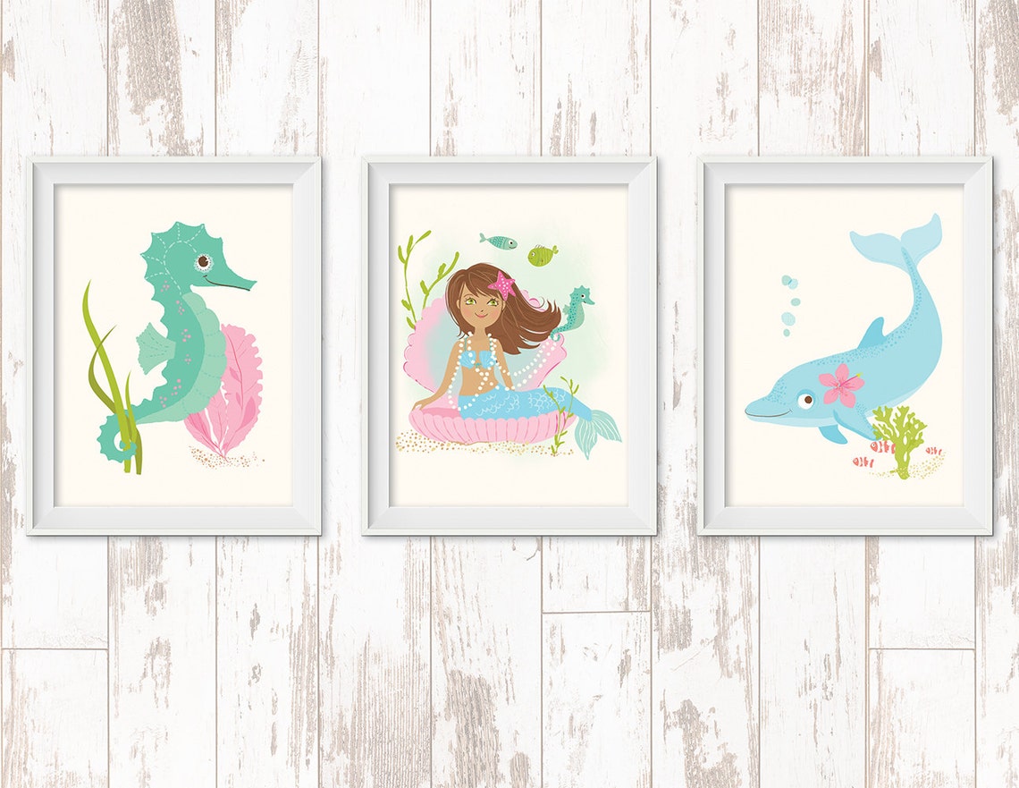 Ocean Wall Art for Girls Mermaid Seahorse Dolphin Nursery Etsy