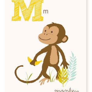 Art mural ABC, ABC, carte, M est pour singe, cartes flash alphabet, décoration murale chambre d’enfant pour les enfants