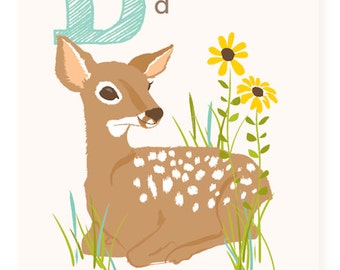 ABC wall art, ABC card, D is for, Deer, alphabet flash cards, nursery wall decor for kids